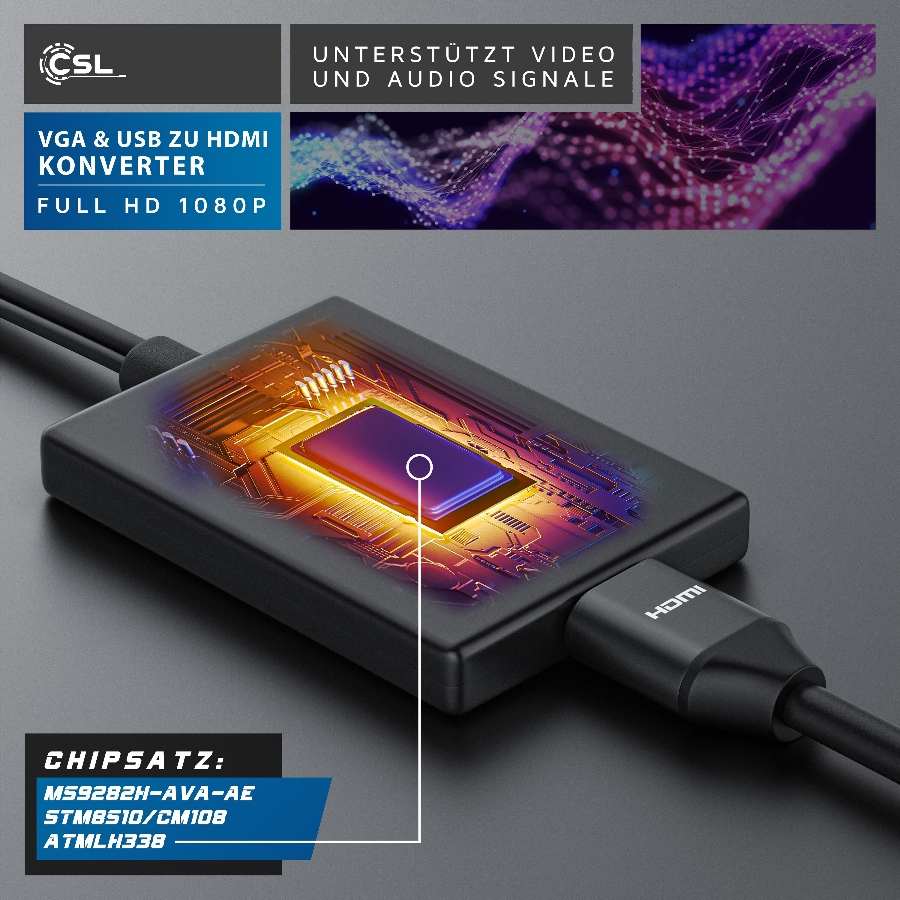 CSL Audio- & Video-Adapter VGA, USB Typ A zu HDMI, VGA zu HDMI Adapter, Konverter Kabel 1920x1080 Full HD 1080p