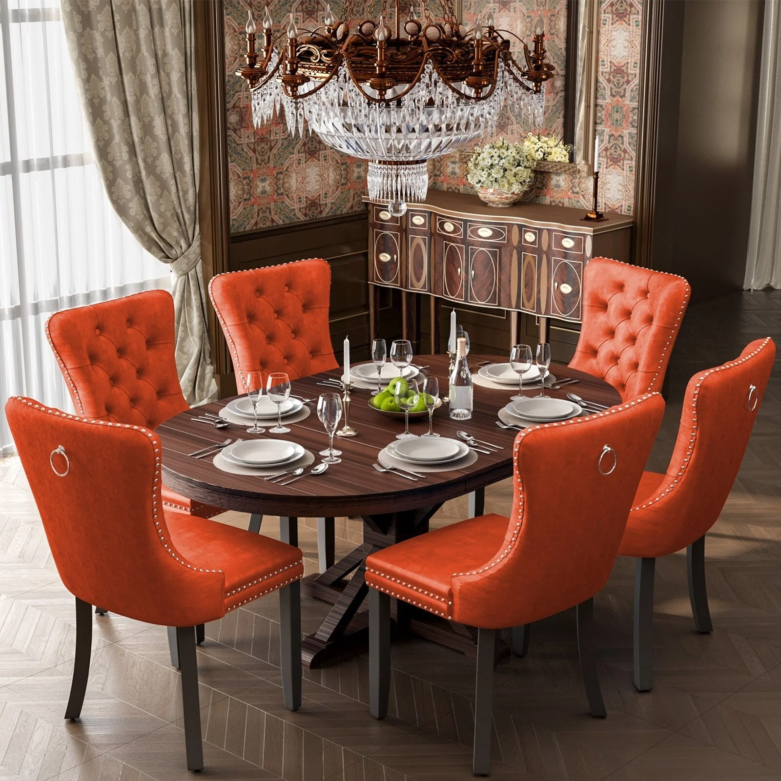 Upholstered Tufted Velvet Dining Chair with Solid Wood Legs Set of 6