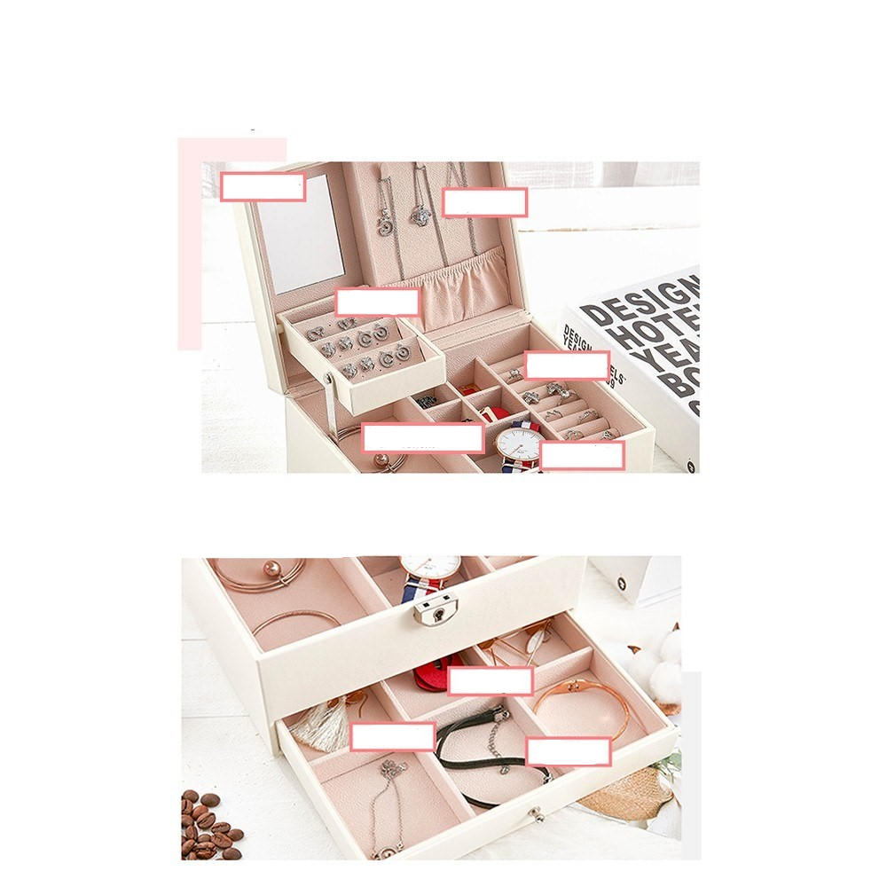(22.5x17x12cm) Leder Schmuckschatulle Aufbewahrungsbox Organizer für Ringe / Ohrringe / Armbänder - Weiss