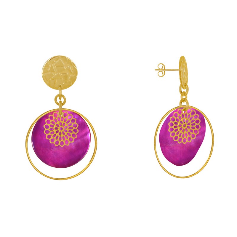 Boucles d'Oreilles Clous Métal Doré Cercle et Pastille de Nacre