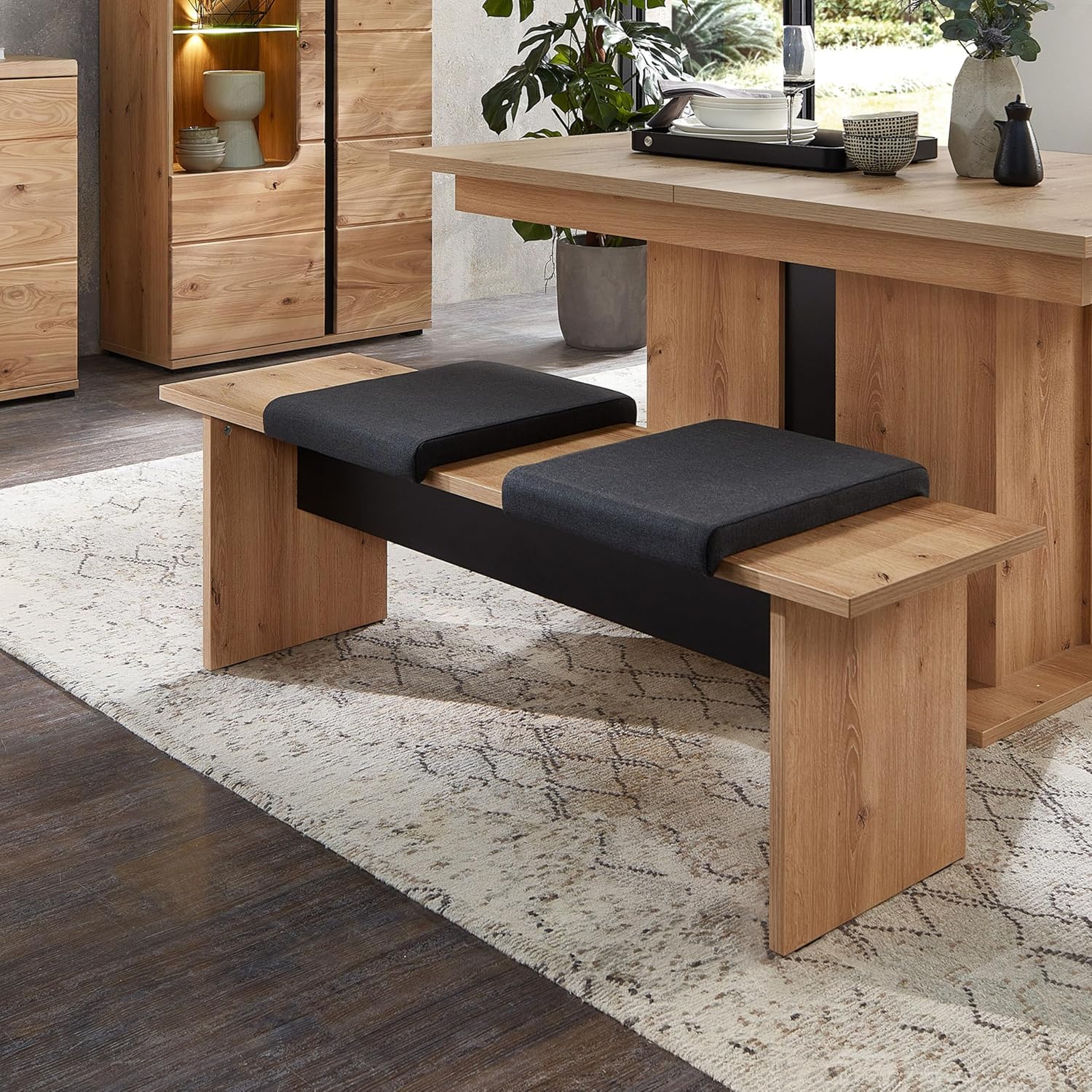 Sitzbank in Old Artisan Oak Optik FSC-zertifiziert, Schwarz - Moderne Esszimmerbank für Ihren Wohn- & Essbereich - 135 x 45 x 43 cm (B/H/T)