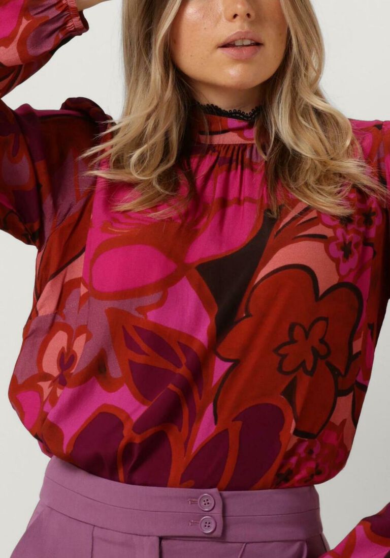 JANSEN AMSTERDAM roze jansen amsterdam blouse wfp105 blouse print with puffsleeves and turtle neck