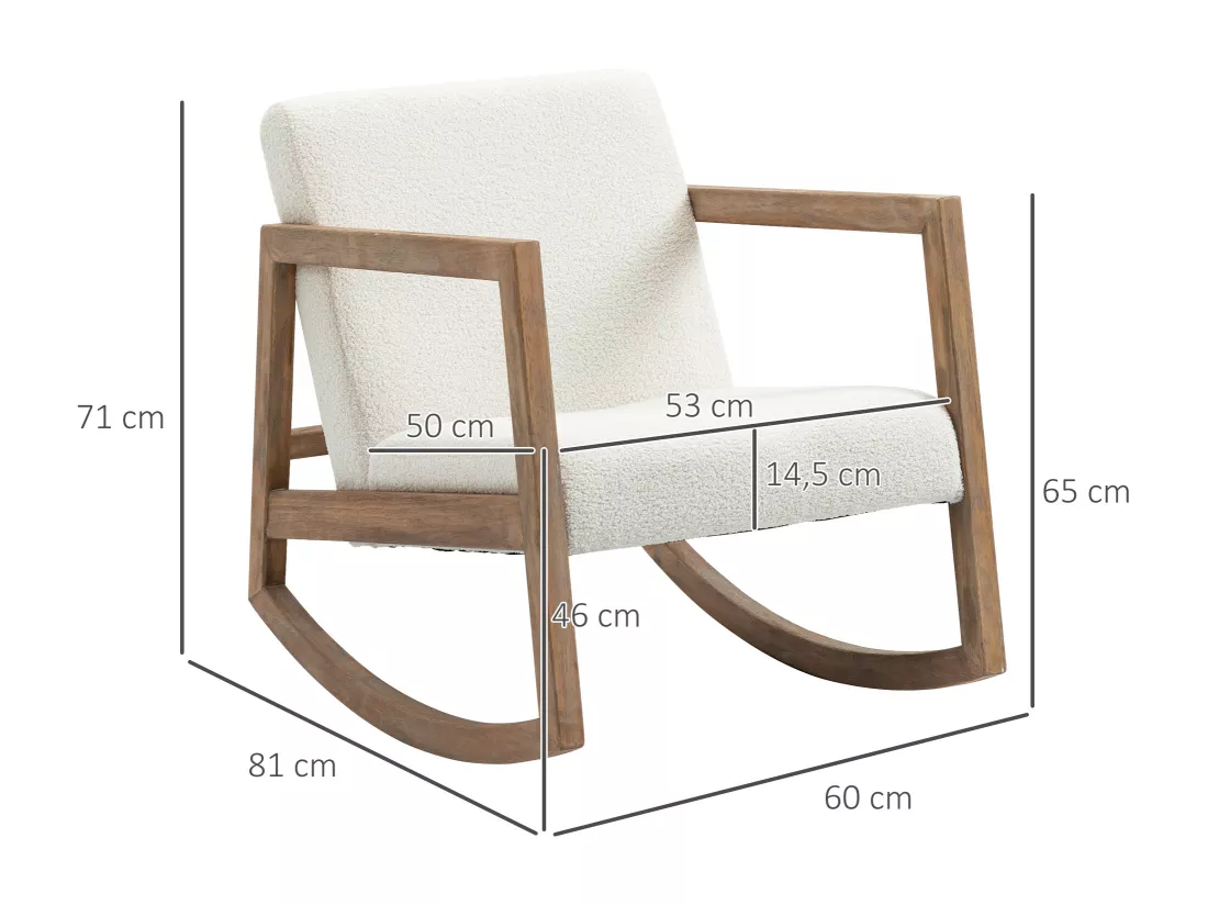 Fauteuil lounge à bascule - assise profonde, dossier incliné - revêtement effet peau de mouton polyester crème - accoudoirs, structure bois hévéa