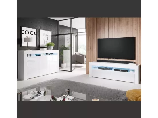 Meuble TV pour Salon Salle à manger en Blanc avec LED 140x35x50,5cm Aker