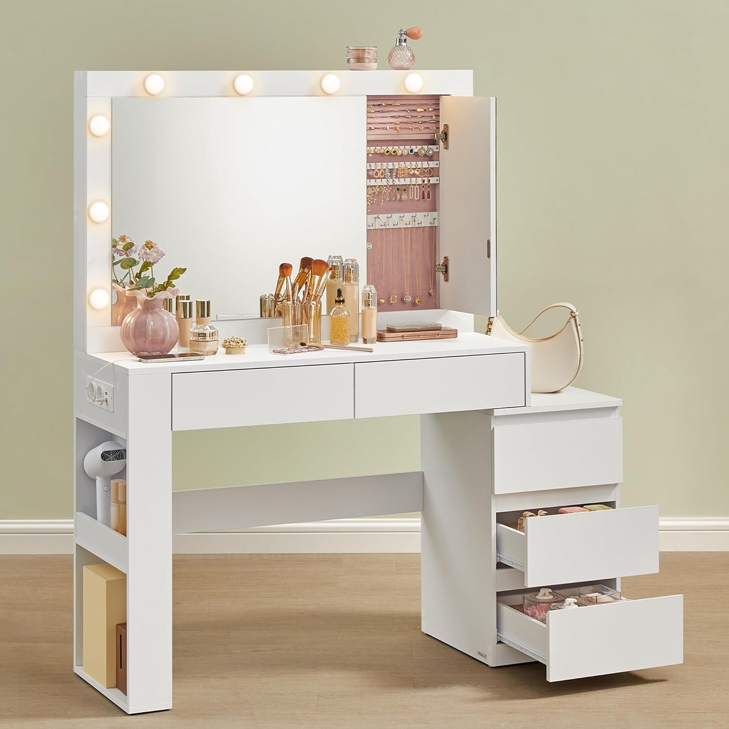 VASAGLE Kailyn Kollektion - Schminktisch mit LED-Beleuchtung, Frisiertisch mit Spiegel, Steckdosenleiste, 40 x 125 x 140 cm, Kosmetiktisch mit Schubladen, wolkenweiß RDT127W01