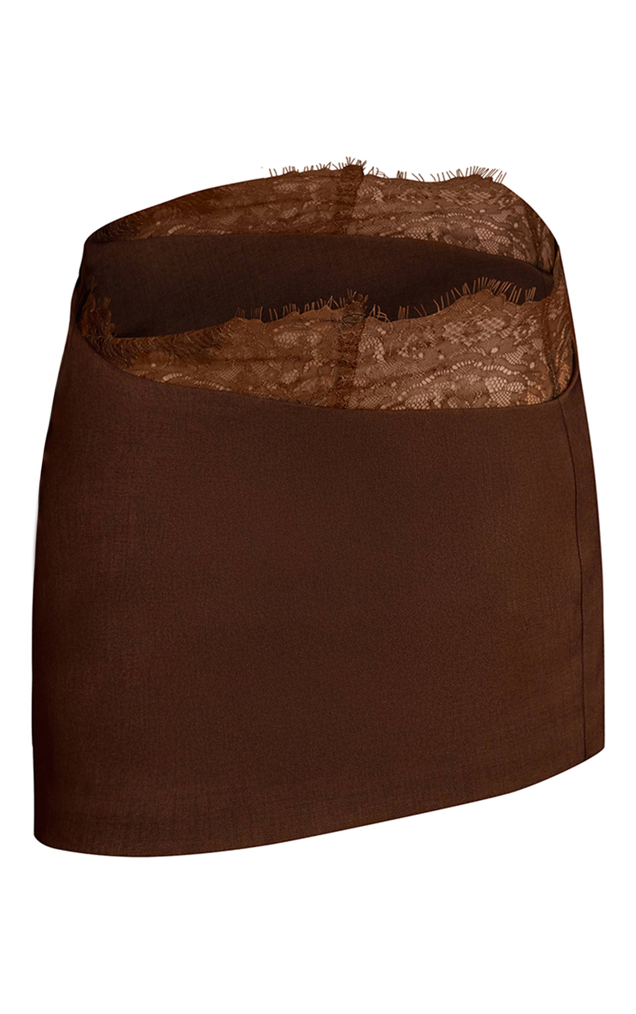 Chocolat Mini-jupe Coordonnée Asymétrique Froncée Tissée Avec Empiècement En Dentelle