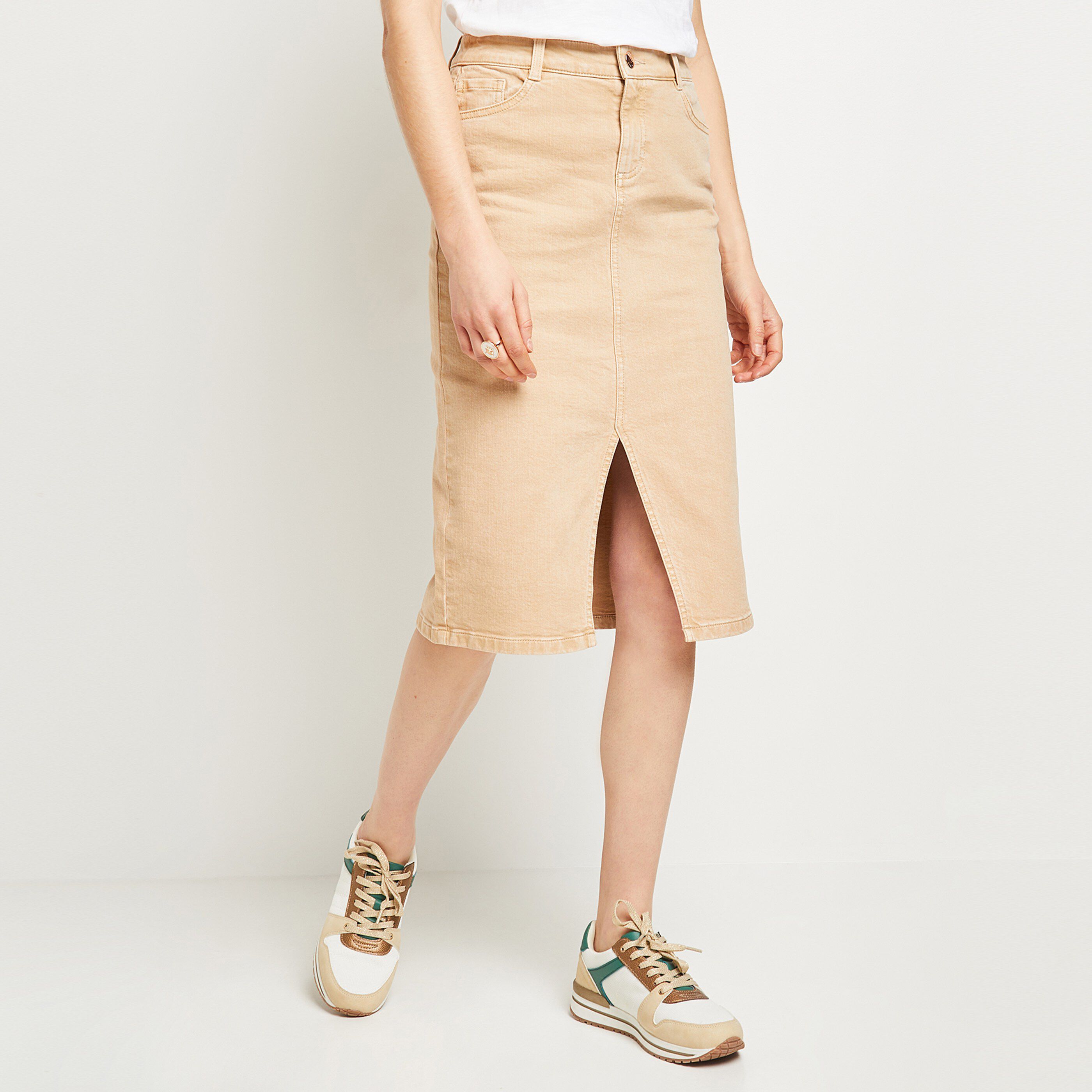 Jupe en jean mi longue femme - BEIGE