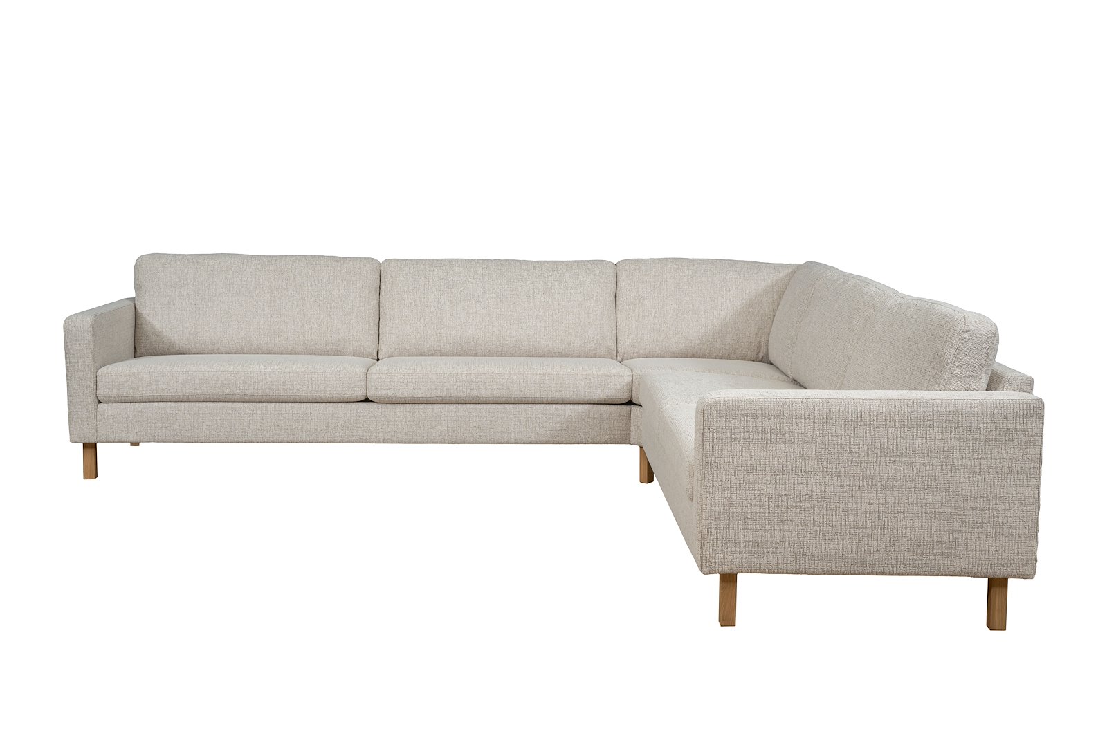 Mandal hjørnesofa Oppsett M. 3,5-seter, hjørnemodul, 3-seter. Tekstil Nivus 203 Lin Creme. Arm 16, Duo puter, Firkantet ben 16 cm Natur. Skum