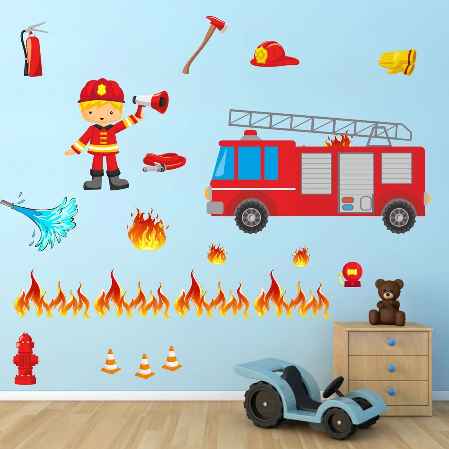Nikima Wandtattoo 007 Wandtattoo Feuerwehrauto Feuerwehrmann Schlauch Wasser Brand löschen rot