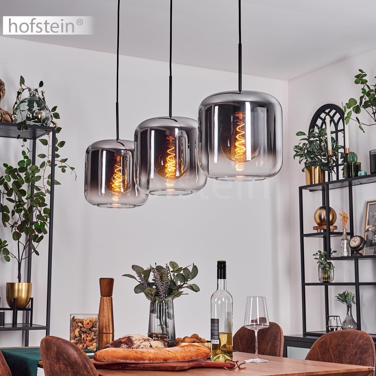 Hängeleuchte Lauden, Hängelampe aus Metall/Glas in Schwarz/Chrom-/Bernsteinfarben, Leuchte im modernen Retro/Vintage-Design mit Schirmen aus Glas (Ø 25 cm), Höhe max. 152 cm, 3x E27, ohne Leuchtmittel