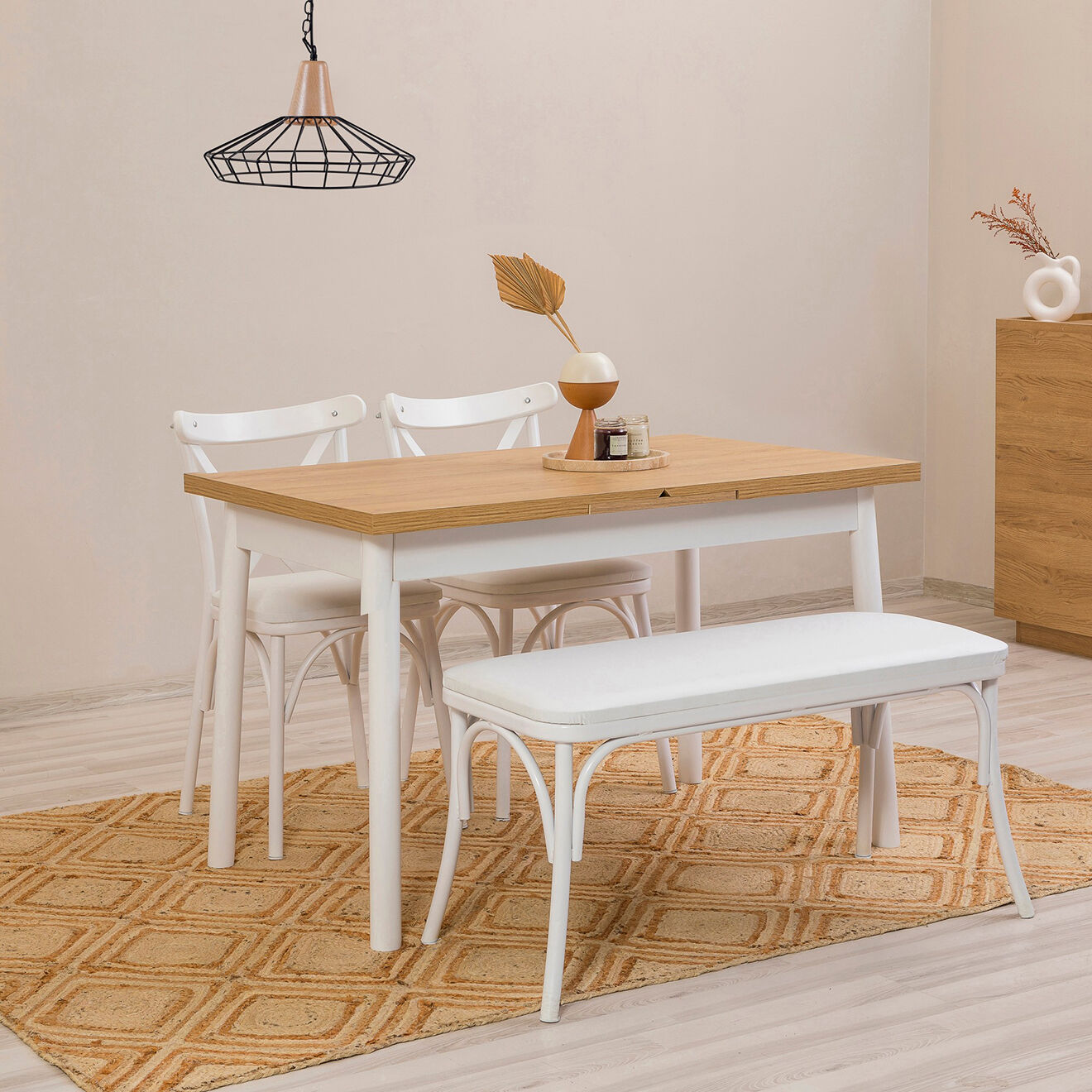 Wooden Art Table + 2 Chaises + Banc Olv blanc