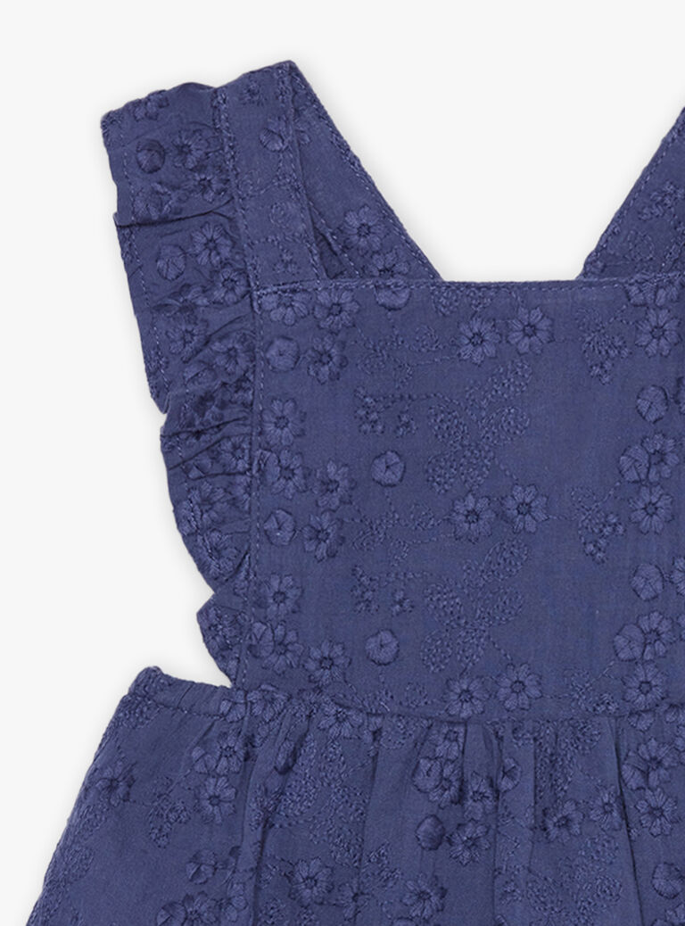 Robe bleu nuit en popeline à broderies fleuries