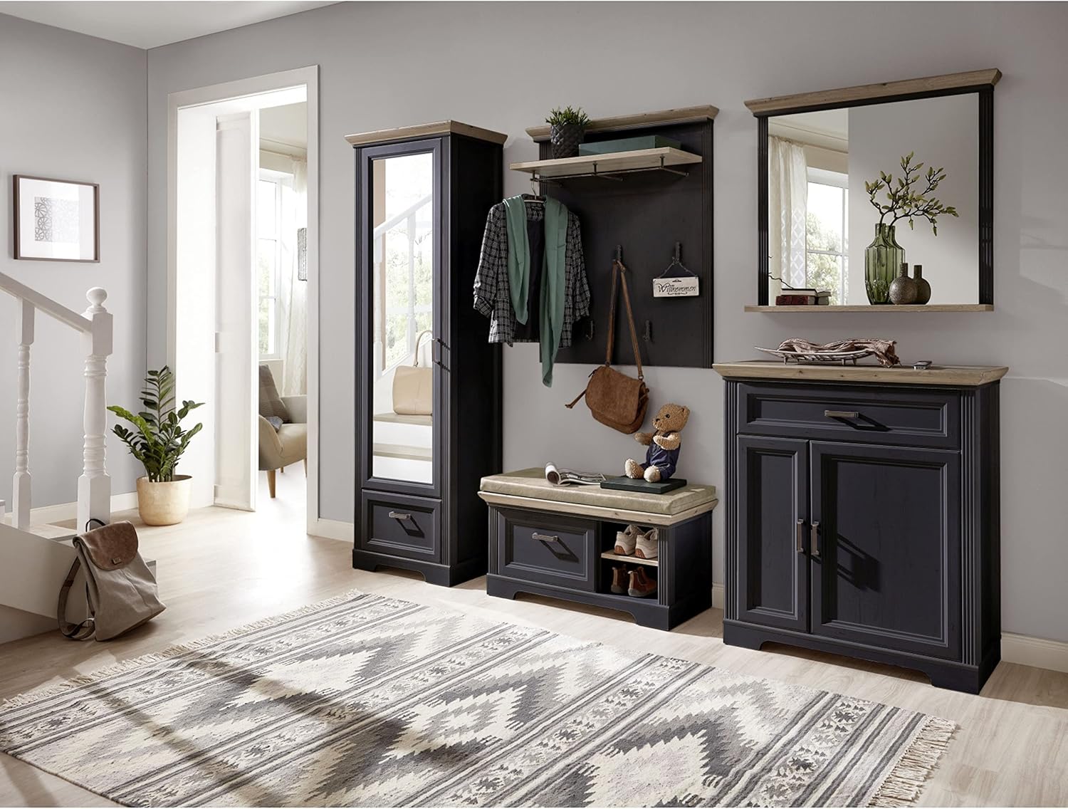 Stella Trading JASMIN Schuhbank mit Sitzfläche in Graphit, Artisan Eiche Optik - Landhausstil Sitzbank gepolstert mit Stauraum für Flur und Garderobe - 93 x 49 x 41 cm (B/H/T)