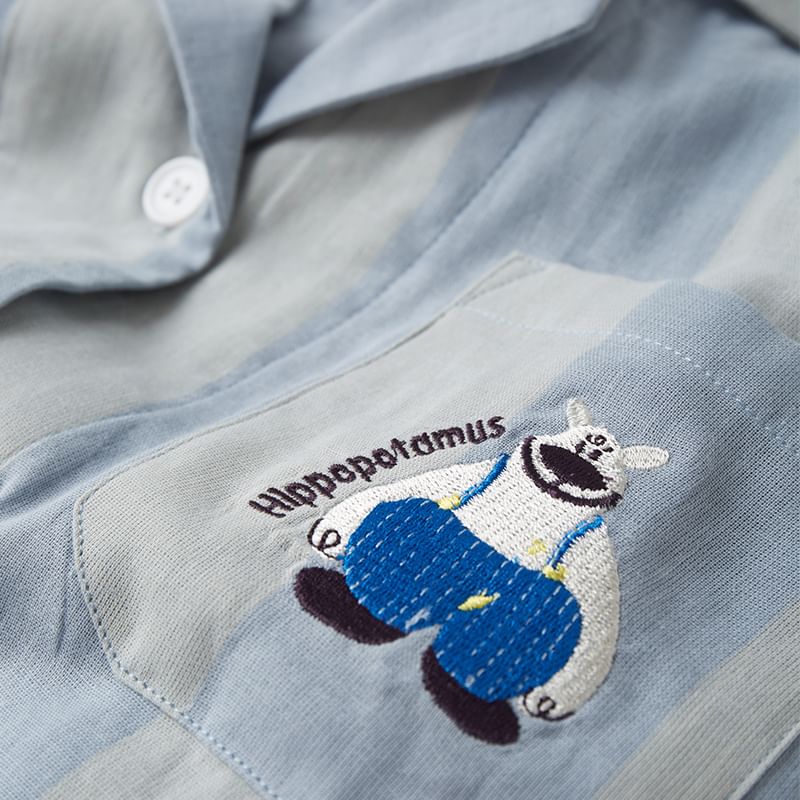 Finlies - Bijpassende pyjamaset voor koppels: top met lange mouwen, reverskraag, gestreepte cartoonborduursels en knoopjes + broek