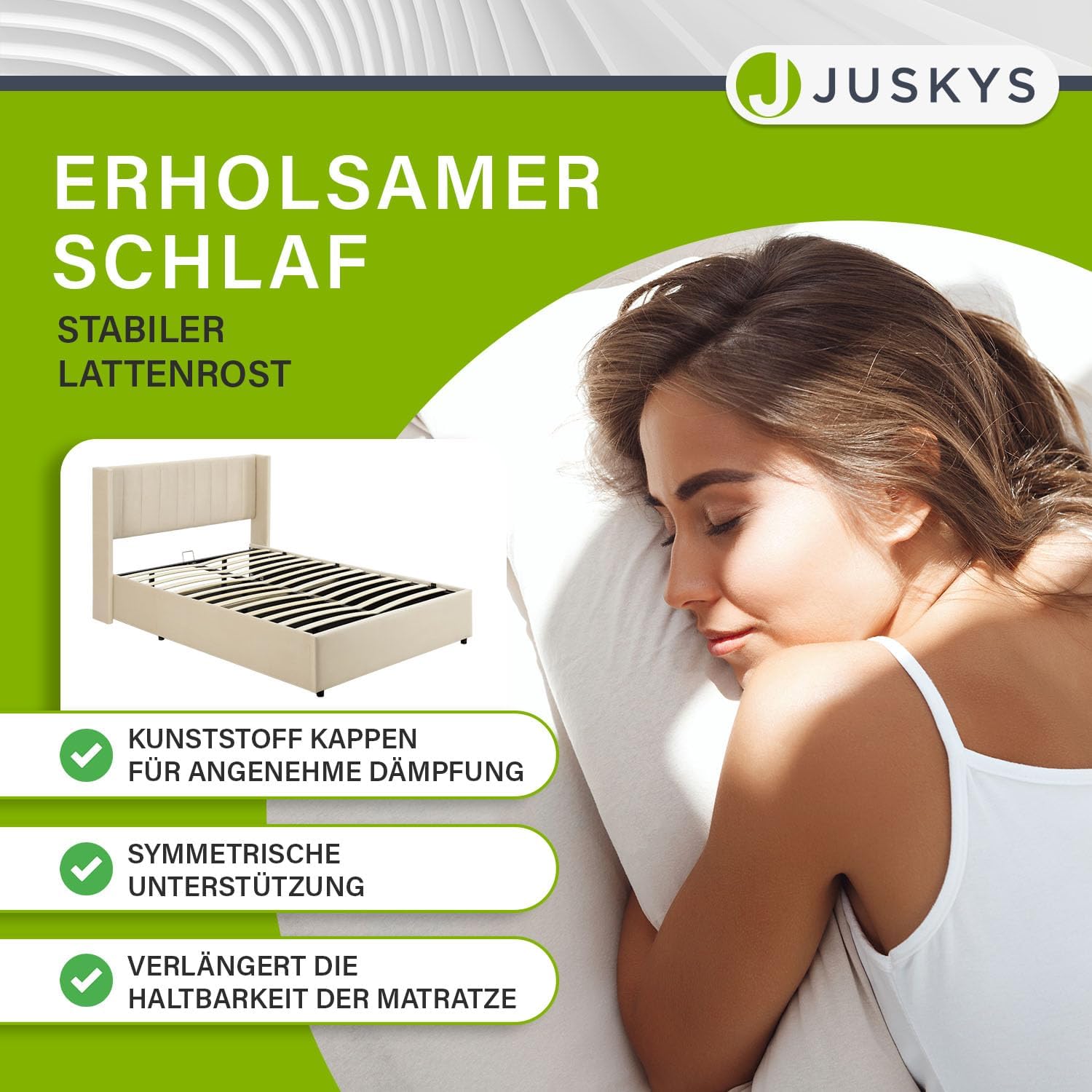 Juskys Polsterbett Savona 120x200 cm, Bett mit Stauraum, Lattenrost, Samt-Bezug, Bettgestell aus Holz, bis 250 kg, großes Kopfteil, Beige