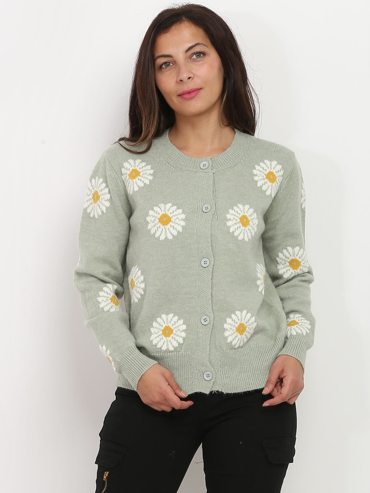 Gilet en maille à motif floral- Vert clair
