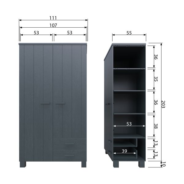 Woood Dennis Kledingkast   Laden Steel Grey 2-Deurs