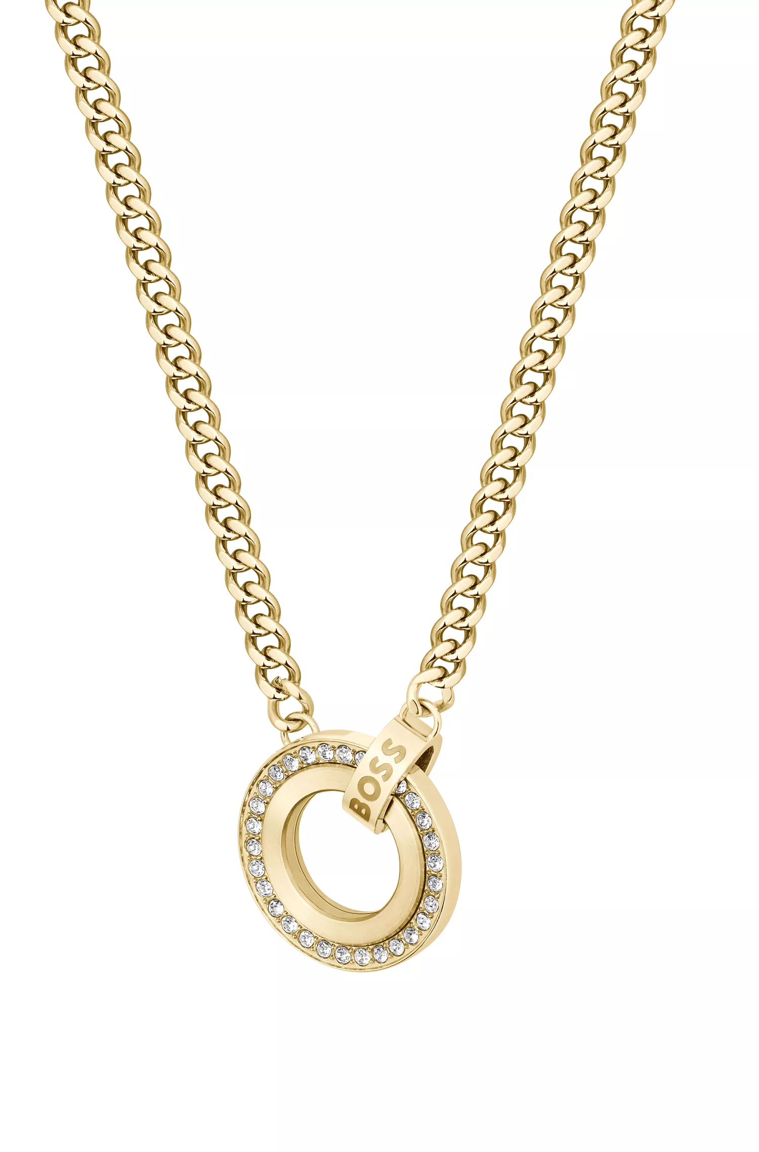 Colar BOSS em tons de preto e dourado com pingente cravejado de cristais.