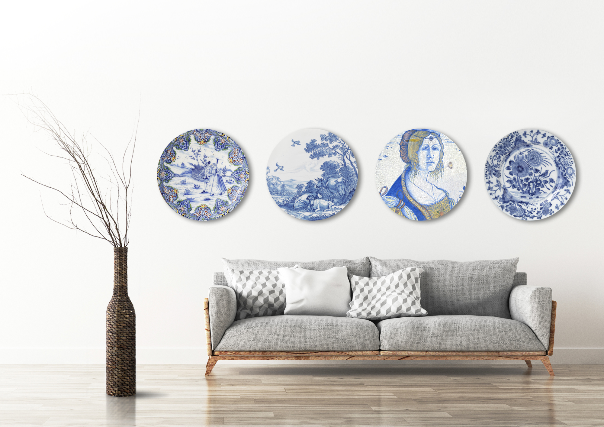 Rond schilderij aluminium Delfts blauwe borden 09