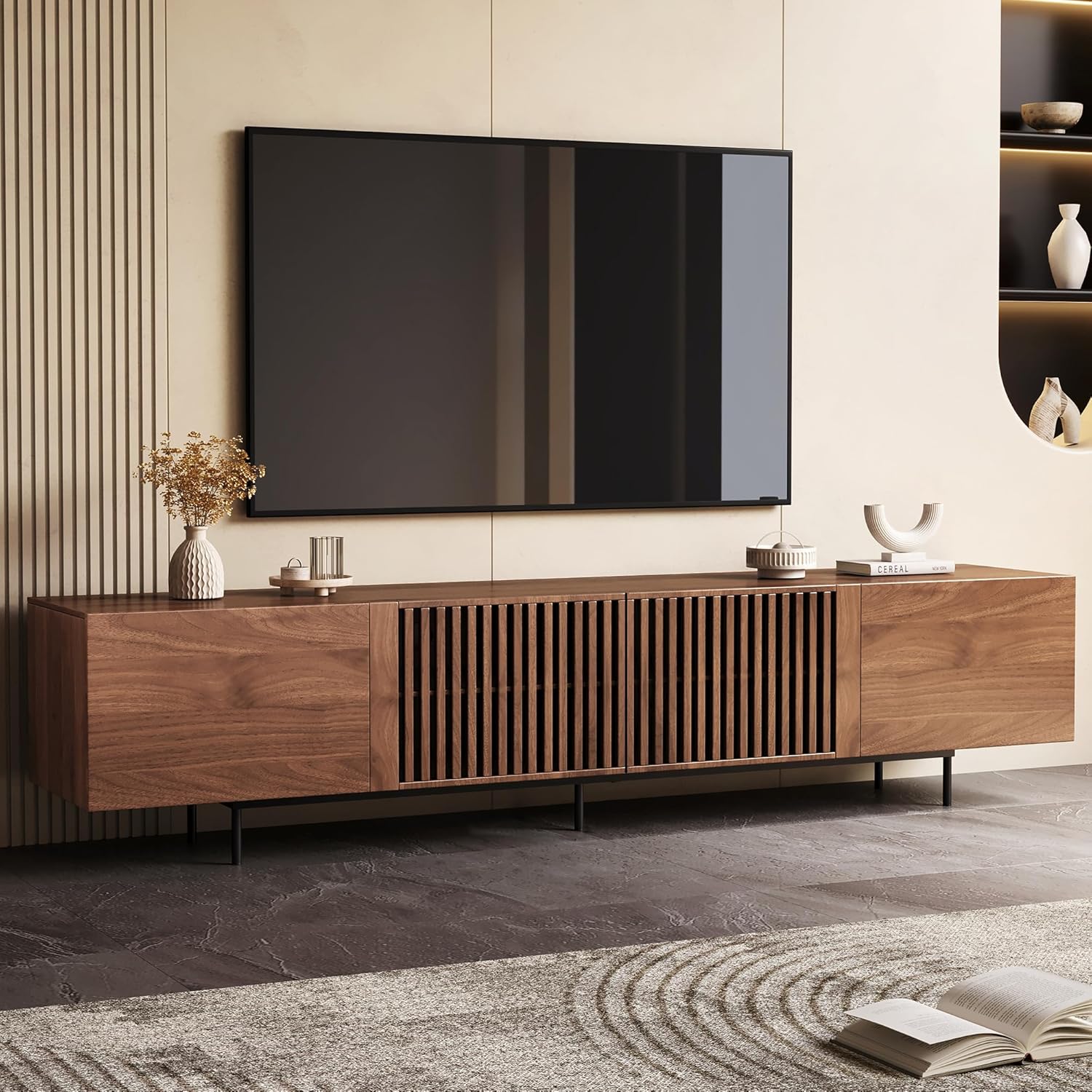 Mid-Century Modern TV-Schrank für 80+ Zoll Fernseher - TV Lowboard mit Stauraum - Home Entertainment Center in Walnuss für Wohnzimmer, Schlafzimmer (180cm)