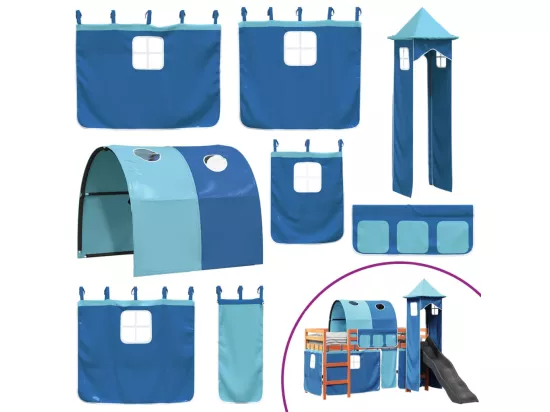 Lit mezzanine enfants avec tour bleu 80x200cm bois pin massif