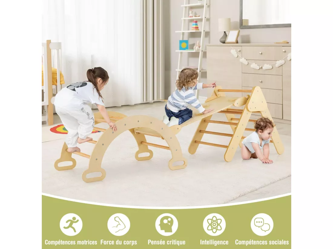 7 en 1 Triangle d'escalade Enfants avec Rampe Réversible, Arc d'escalade ou Bascule en Bois de Hêtre, Charge Max 50KG pour Glisser ou Grimper pour Bébé de 1 an+, Naturel