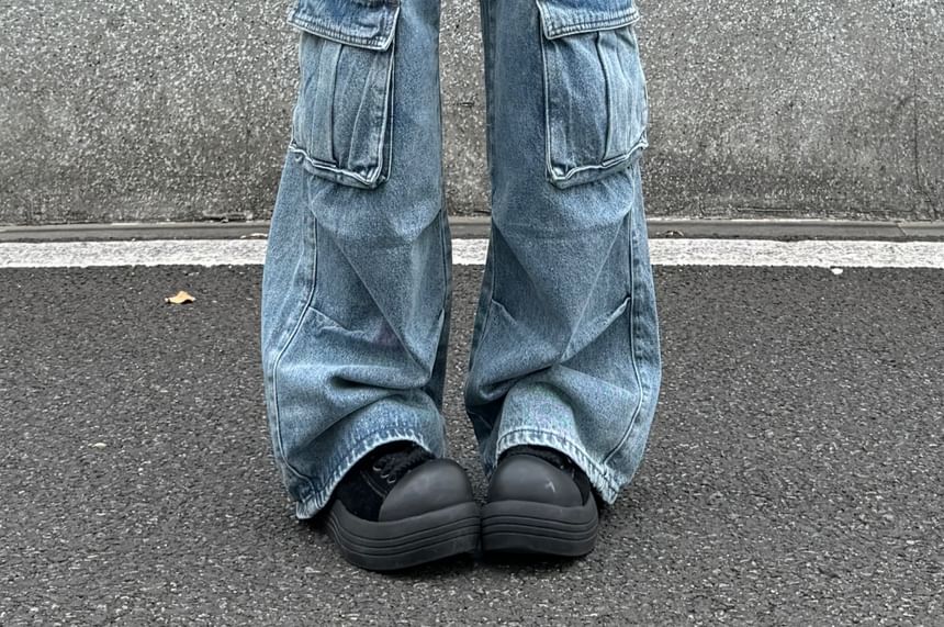 AXEN - Mid Rise Washed Wide Leg Cargo Jeans