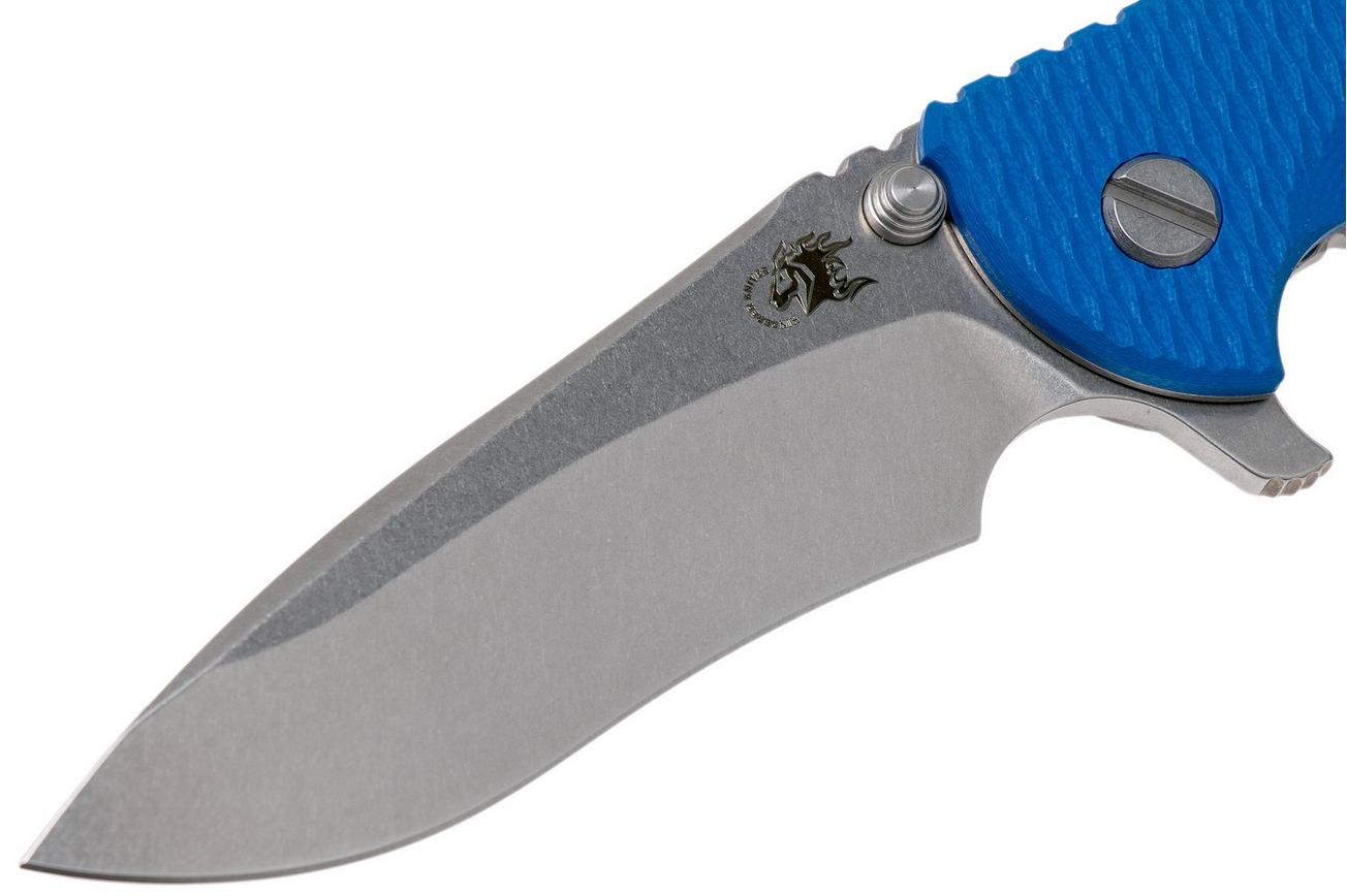 Rick Hinderer XM18 3.5” Recurve, CPM 20CV, Stonewash, Blue G10, zakmes