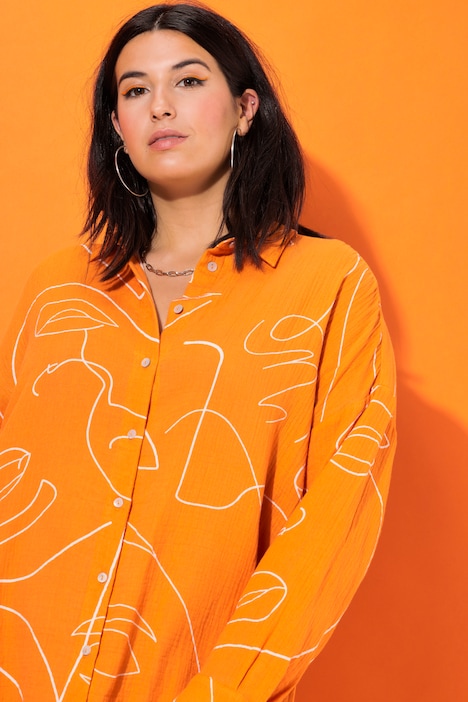 Hemdbluse, oversized, Musselin, Print, Langarm