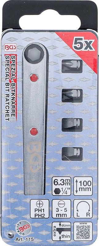 BGS - Ratelsleutel - Verchroomd - 2 Bits - Sleufkop 3-5 mm - Kruiskop PH1-PH2