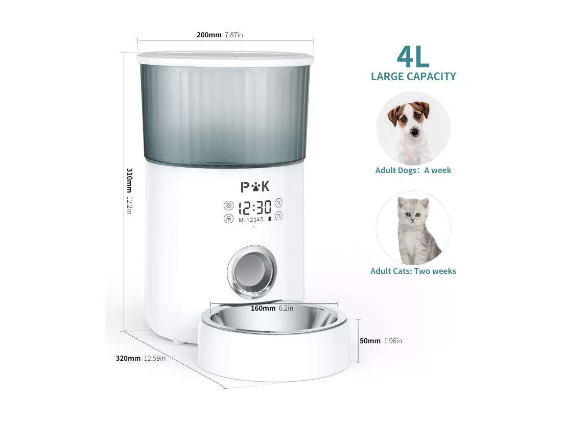 M80 LCD Distributeur de Croquettes 4L p&k Chats/ Chiens Distributeur Automatique Nourriture avec Bol Inox F10S Vocal Programmable 5Repas/Jour,Blanc