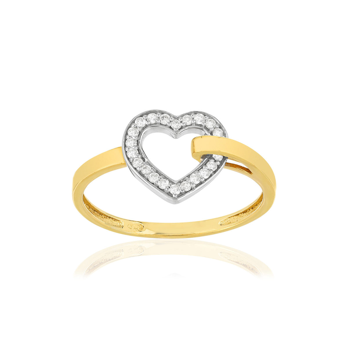 Bague or 375 et or rhodié, forme coeur, diamants total 10/100e de carat.