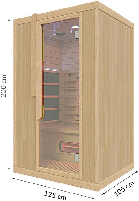 Infrarotkabine 2 Personen | Hemlockholz natur | 125x105x200cm | Ganzglastür Klarglas | Redlight & Mica-Heizung 2,05kW | Fronteinstieg | Wärmekabine für Zuhause | MP3 & Becherhalter