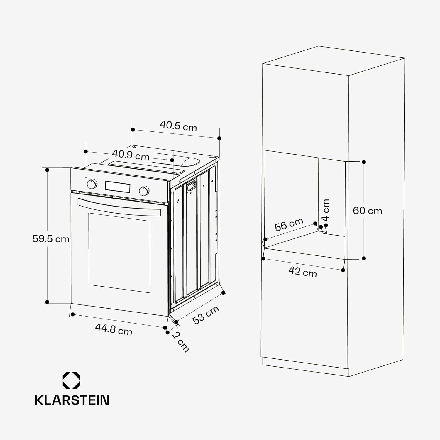 Klarstein SmartSlim Einbaubackofen - 45 cm, 49 L, 9 Funktionen, Dampfreinigung, Abnehmbare Glastür, Energieklasse A, Schwarzes Glas, Digitaler Timer, Backofen Einbaugerät