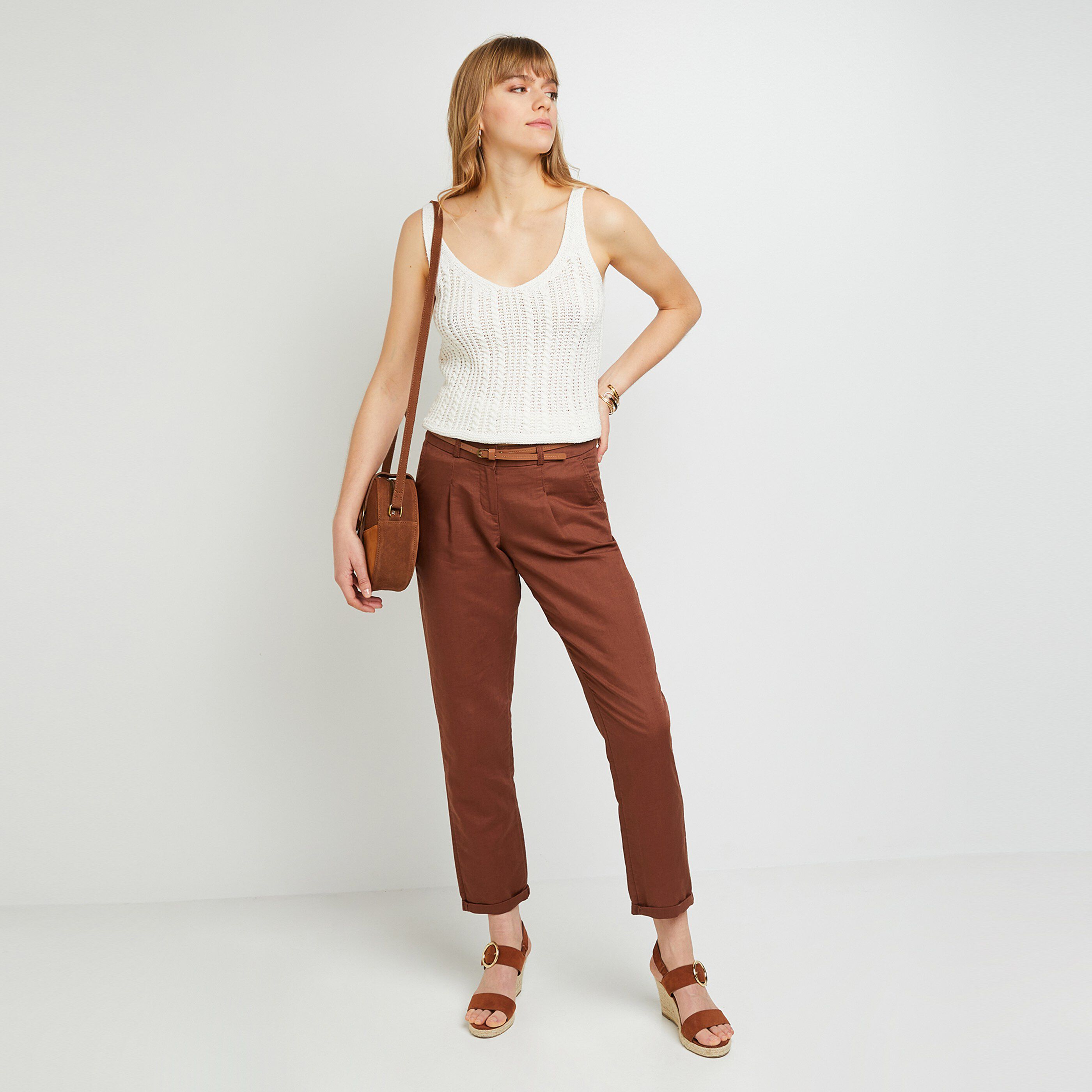 Chino lin mélangé femme - MARRON