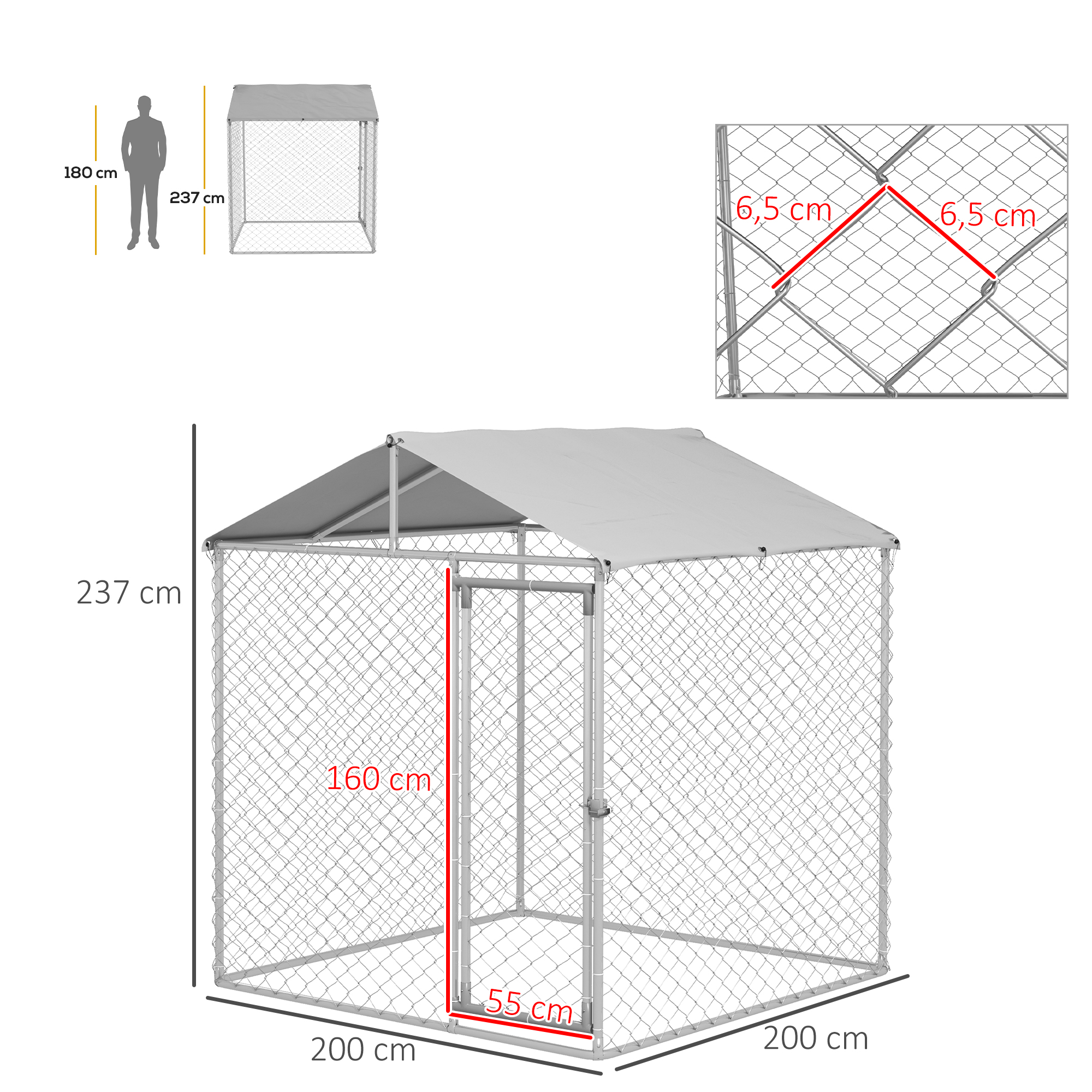 Gaiola externa PawHut para cães de porte médio, cercado para cães com trava, estrutura de aço, cobertura impermeável e resistente aos raios UV, 200x200x150 cm, prata
