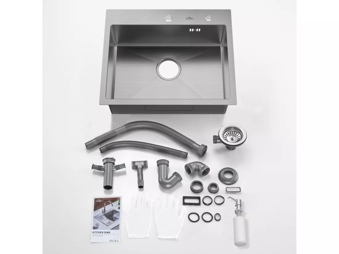 Évier Cuisine 1 Bac 55x45CM Évier à encastrer avec Distributeur Savon,Siphon/Trop-Plein Évier Inox Brossé pour Table à partir de 60 cm,EU Modèle