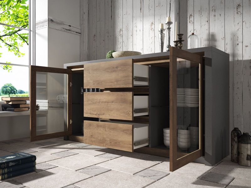 Meubella - Dressoir Monaco - Eiken - Grijs - Met Glas