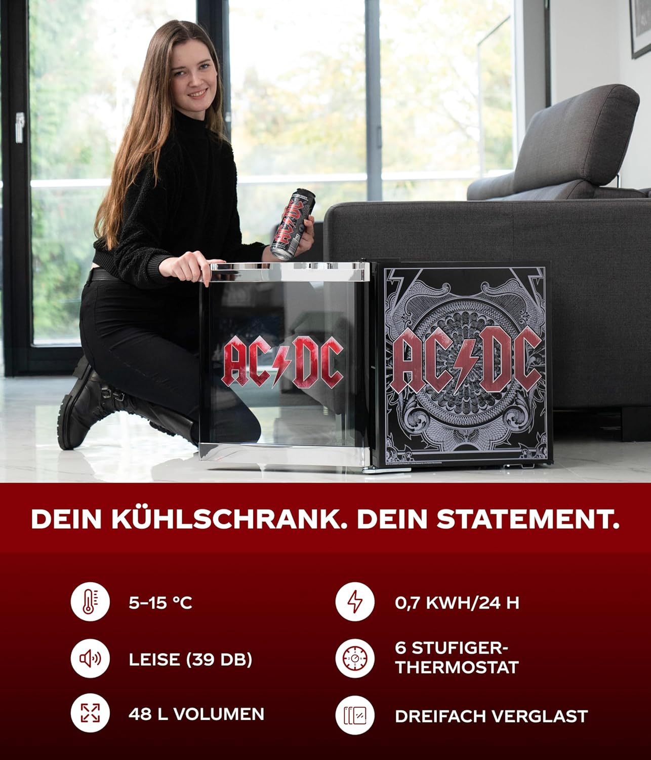 CUBES AC/DC Mini Kühlschrank 48 L – Getränkekühlschrank mit Glastür & wechselbarem Türanschlag | Leise & energieeffizient (39 dB) | Perfekt für Bar, Büro & Gaming | Kult-Design für Rockfans