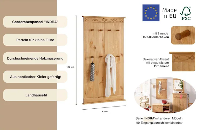 Home affaire Garderobenpaneel »Indra« aus massiver Kiefer, FSC®, 8 Haken, dezentes Ornament