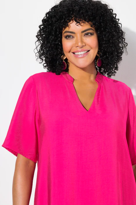 Midikleid, Volantsaum, A-Linie, V-Ausschnitt, Halbarm, pink