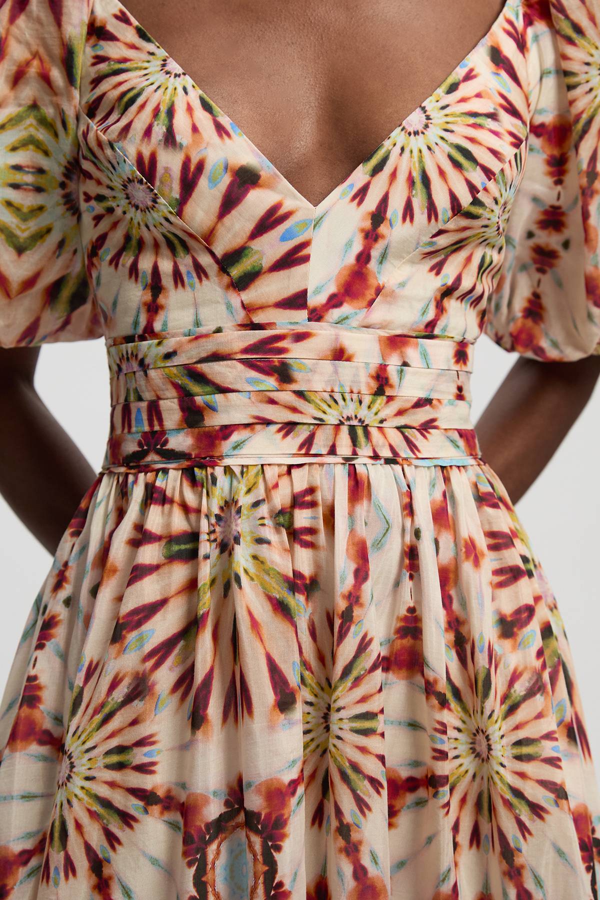 KarenMillen Robe Longue Tissée À Manches Bouffantes En Soie Coton Imprimé Carreaux