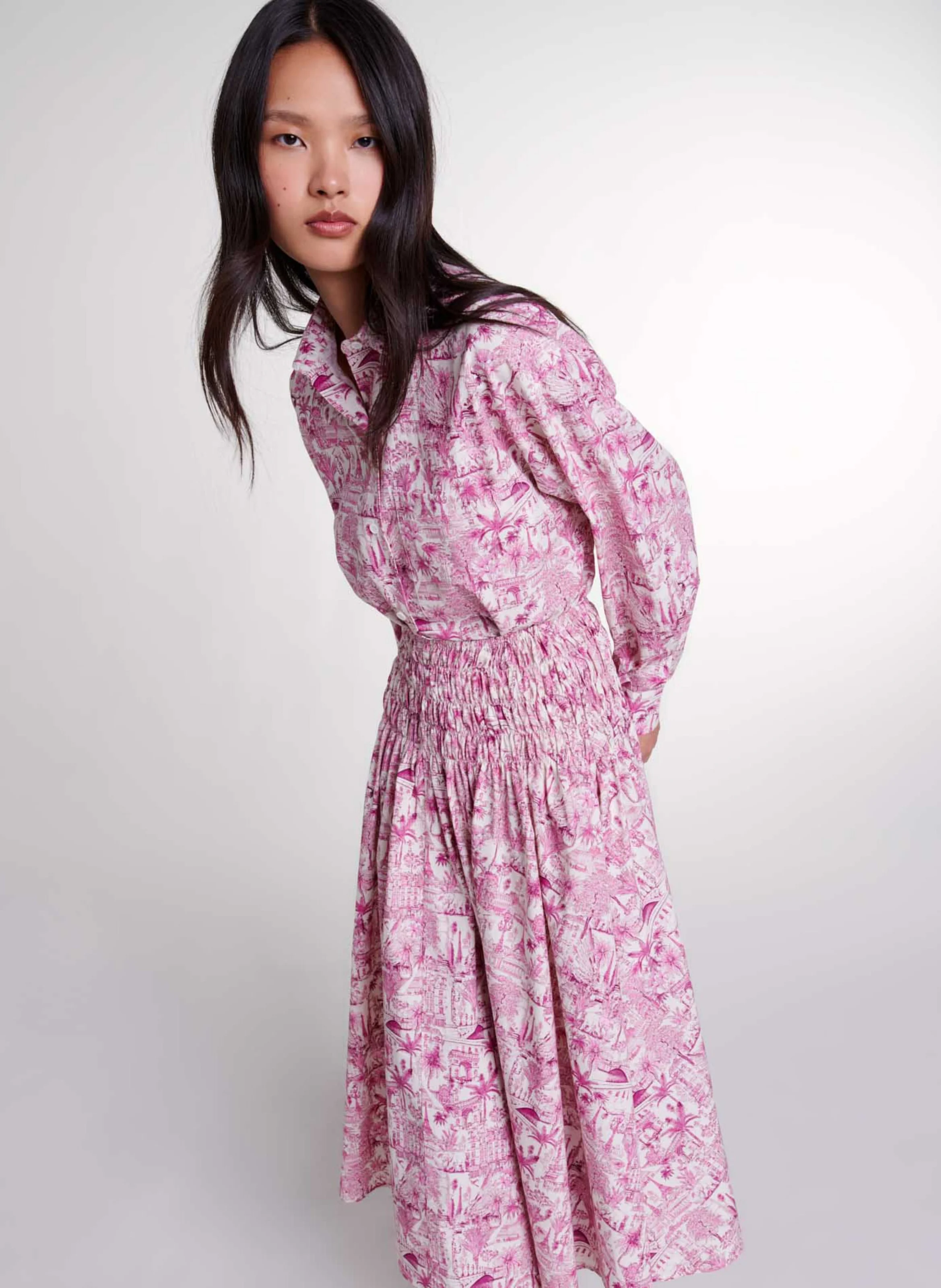 Jupe midi taille haute imprimée en coton | Rose