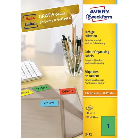 Avery Zweckform 3472 Farbige Etiketten,A4 210 x 297 mm, 100 Bogen/100 Etiketten, grün