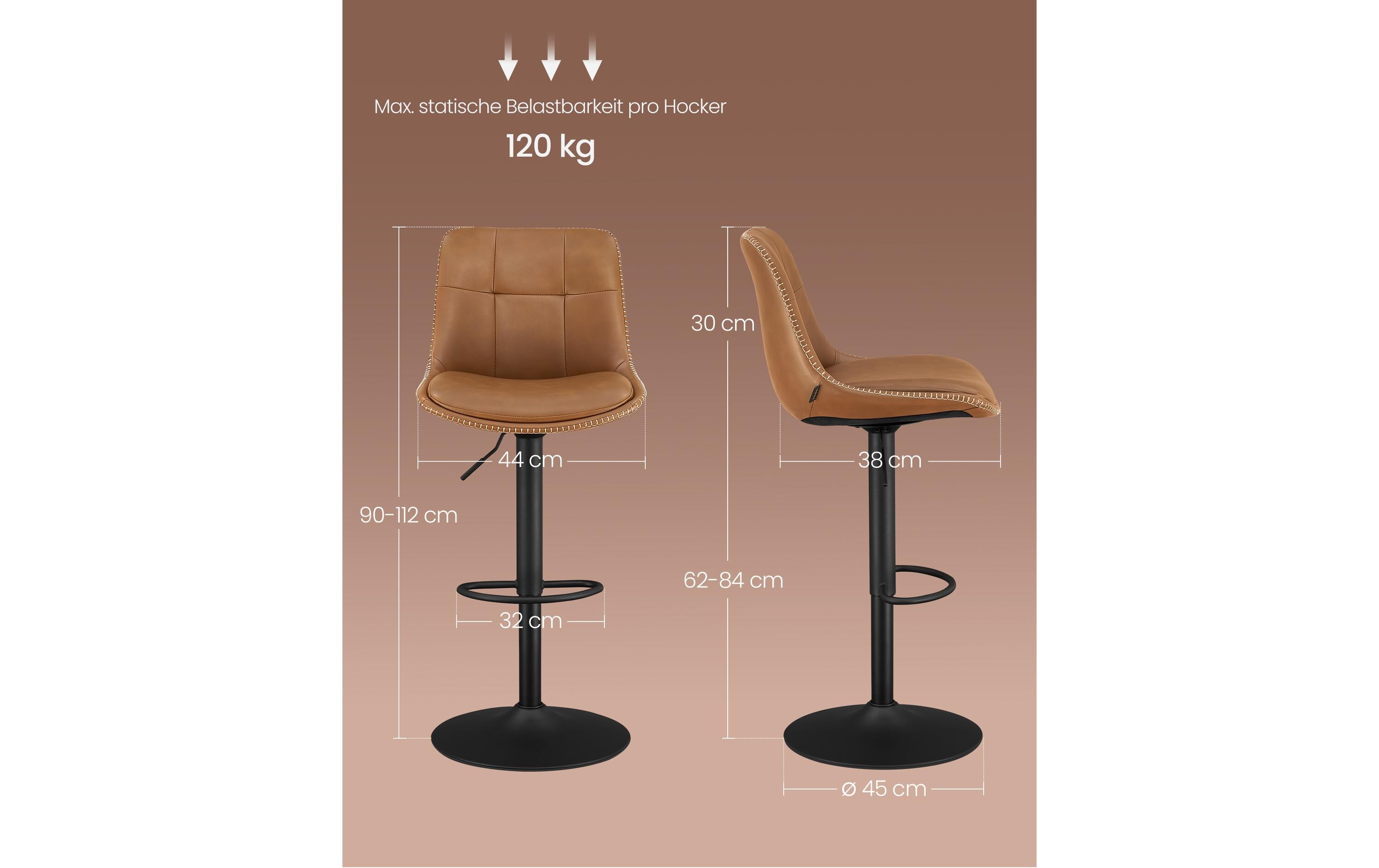 Barhocker 2er Set 48 x 90 cm/112 cm, Braun<br>Stabile Barstühle aus Kunstleder mit Rückenlehne