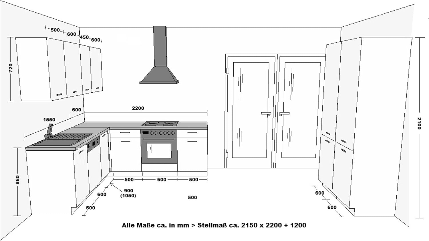 Kuechen-preisbombe Winkelküche ARIA K-AR Ecke 1-215 x 220 + 120 cm Anti Fingerprint Küchenzeile Küchenblock Singleküche Einbauküche Küche Eckküche