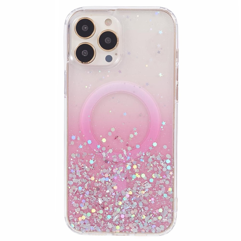 iPhone 15 Pro MagSafe Hülle mit Acryl Rückseite und Farbverlauf im Glitzer Design - Rosa