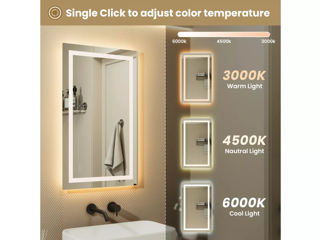 LED Miroir Lumineux Loupe+Tricolore + Anti-buée 100x60cm Salle de Bain Dimmable,Mémoire,Tactile