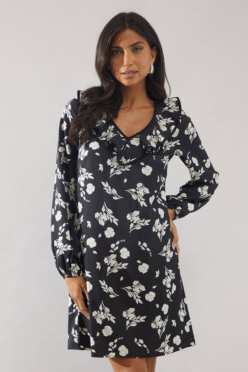 Wallis Robe Droite à Volants Contrastés Motif Floral Mono
