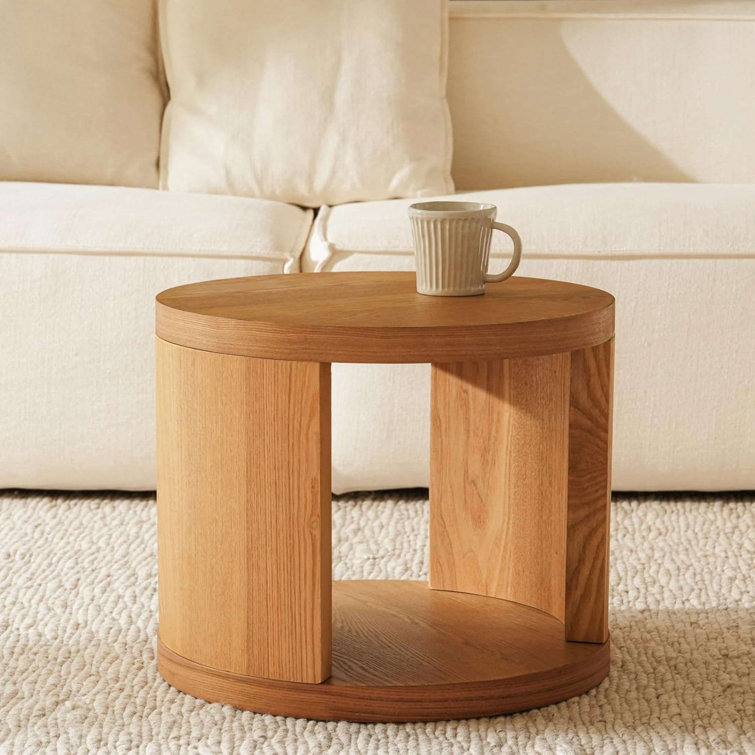 Couchtisch Rund 2er Set,Runder Couchtisch Holz,Wohnzimmertisch Rund Modern,Kaffeetisch Set aus Holz,Couchtisch Rund mit Stauraum,Sofatisch & Beistelltisch für Wohnzimmer,Ø80+Ø46 cm,Natur